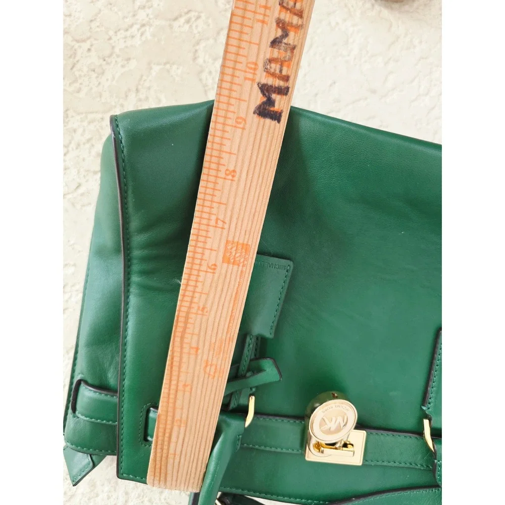 Michael Kors Hamilton Green Leather Satchel Gold Padlock Handbag Excellent
